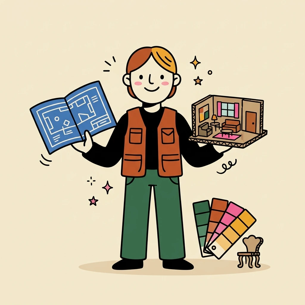 Illustration of a freelance production designers who books with Hardbook