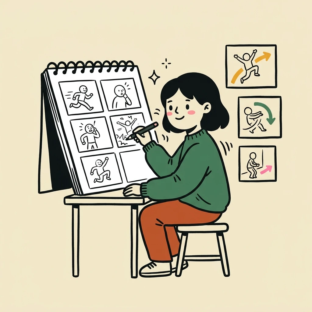 Illustration of a freelance storyboard artists who books with Hardbook