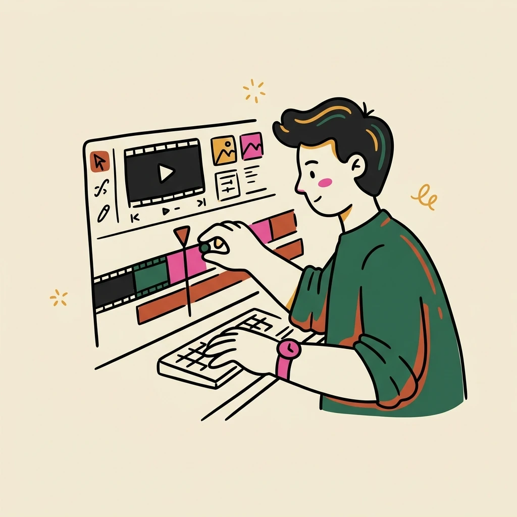 Illustration of a freelance video editors who books with Hardbook
