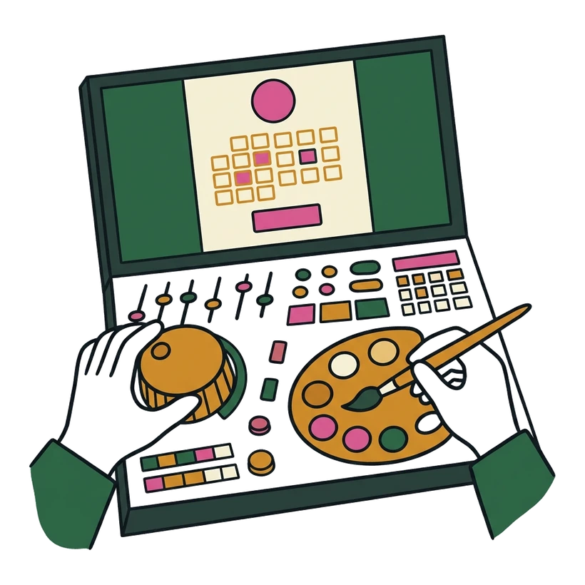 Hands at a control desk tweaking dials and painting a branded booking page on screen