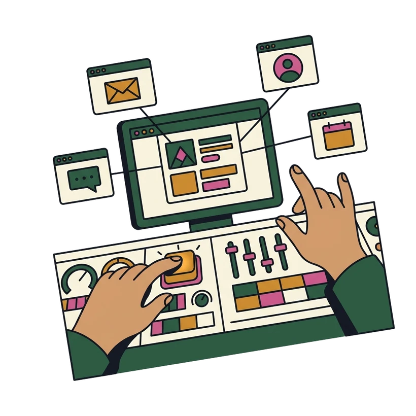 Hands at a console broadcasting one booking link out to email, chat, a profile and a calendar